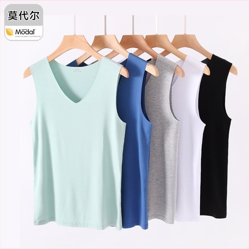 Мъжки безшевен модал потник, широки презрамки, кръгло деколте, средна плътност 161–180 г/м², лято