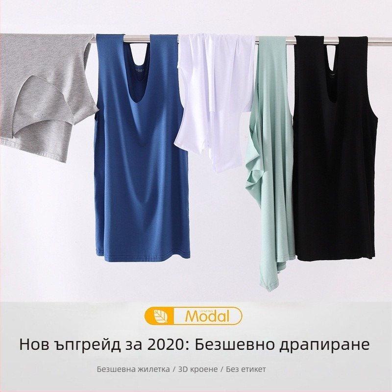 Мъжки безшевен модал потник, широки презрамки, кръгло деколте, средна плътност 161–180 г/м², лято