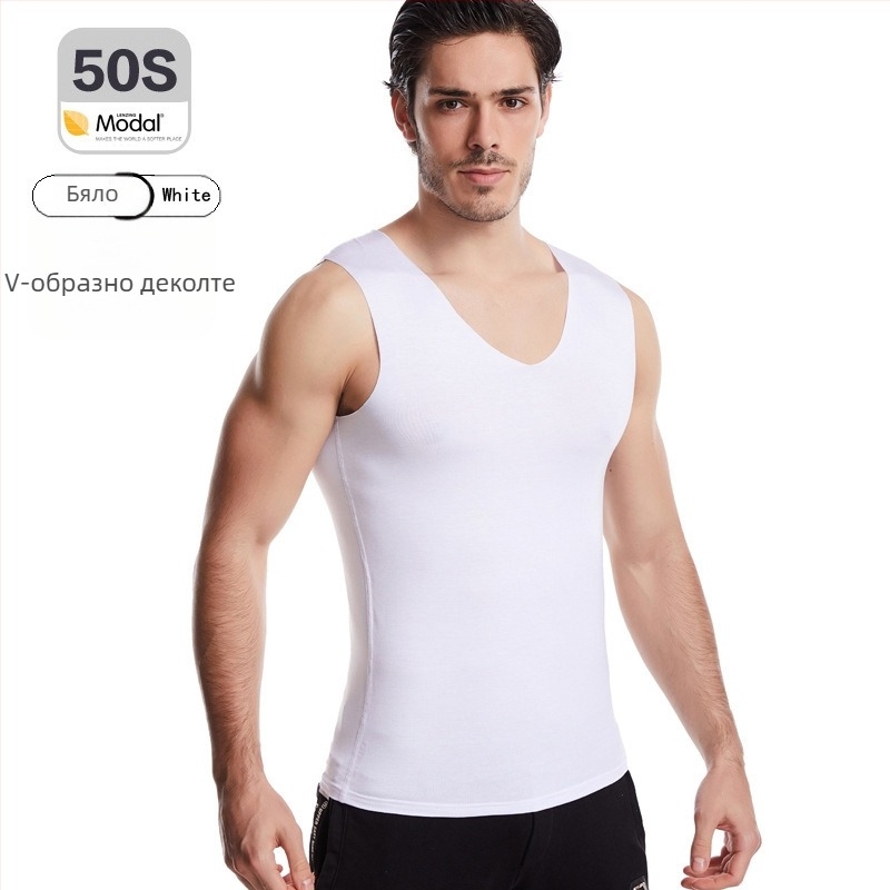 Мъжки безшевен модал потник, широки презрамки, кръгло деколте, средна плътност 161–180 г/м², лято