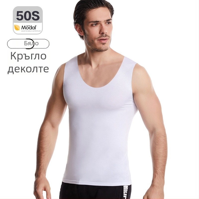 Мъжки безшевен модал потник, широки презрамки, кръгло деколте, средна плътност 161–180 г/м², лято