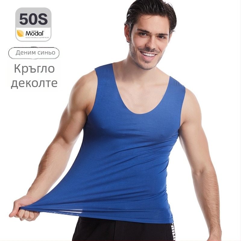 Мъжки безшевен модал потник, широки презрамки, кръгло деколте, средна плътност 161–180 г/м², лято