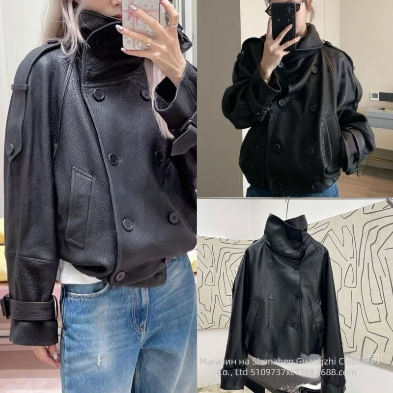 PU кожено яке с двойно редкопчета, яка с висока стойка, нормална дължина, дълги ръкави