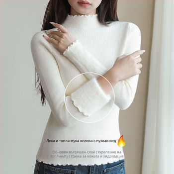 Пуловер за жени – полувисока яка, дълги ръкави, плътна подплата с флийс, вискозна материя, едноцветен трикотаж