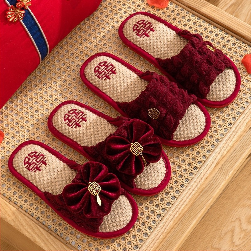 Сватбени чехли с дизайн Toe-loop, горна част от памук, PVC подметка, дебела подметка, противохлъзгащи и топли