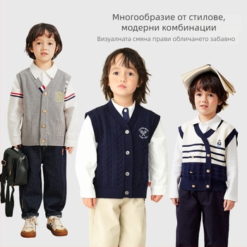 Детска жилетка без ръкави с копчета, 100% памук, V-образно деколте, еднобортна, пролет-есен, за деца 3–8 г.