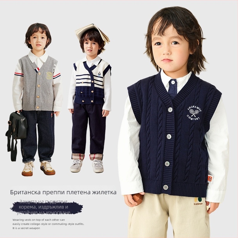 Детска жилетка без ръкави с копчета, 100% памук, V-образно деколте, еднобортна, пролет-есен, за деца 3–8 г.