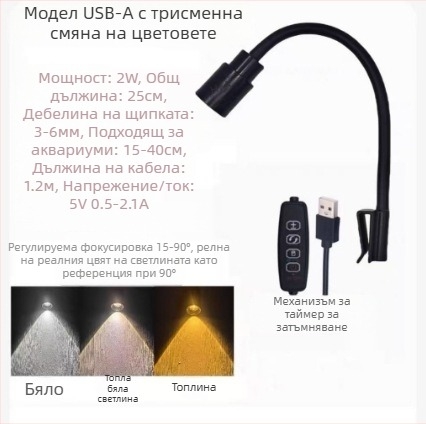 Аквариумен клип-осветител USB, мини прожектор, 5W, алуминиев сплав, тегло 150 g