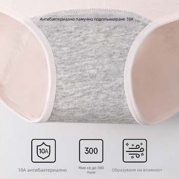 Дамски менструални гащи с антибактериална защита, 3‑слойна защита от протичане, висока талия; основен материал 95% памук, подплата 100% памук