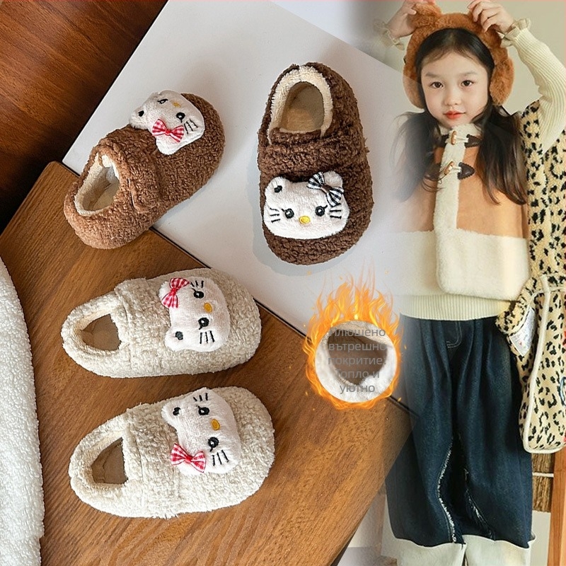 Детски обувки — карикатурен принт с котка, плюшено покритие, велкро закопчаване, горна част от супер мек велур, гумена подметка