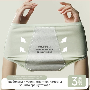 Дамско памучно менструално бельо с антибактериална защита – средна талия, основен плат 95% памук, подплата на чатала 100% памук, едноцветен модел, дишащо