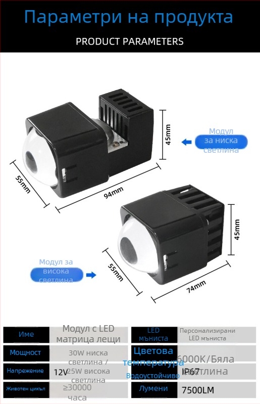 M1 матричен LED лазерен би-оптичен модул за автомобил — 12V, 45W, 3.5A, алуминиев корпус, живот 30000 ч