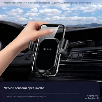 Държач за телефон в автомобил за монтаж на въздушен отвор с гравитационен сензор, универсален триъгълен огледален дизайн, щракващ монтаж