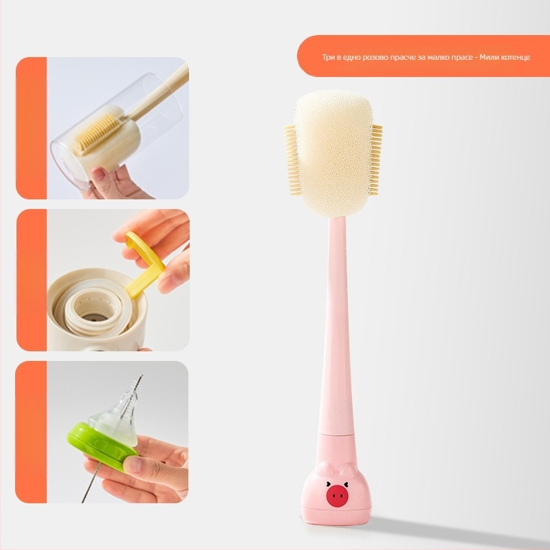 Четка за почистване на чаши с дълга дръжка за бебешки бутилки, чаши и сламки; 3-в-1 четка за пролуки и гъбена чистачка