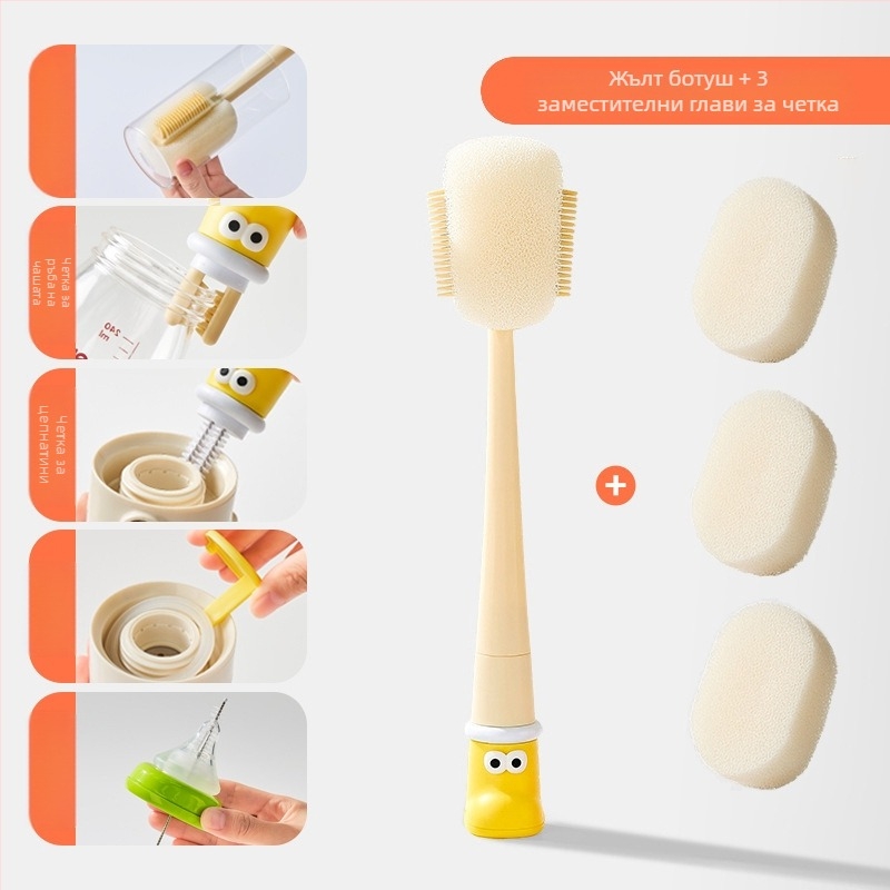 Четка за почистване на чаши с дълга дръжка за бебешки бутилки, чаши и сламки; 3-в-1 четка за пролуки и гъбена чистачка