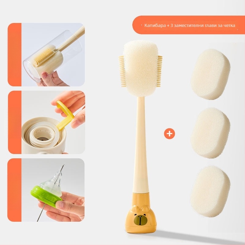 Четка за почистване на чаши с дълга дръжка за бебешки бутилки, чаши и сламки; 3-в-1 четка за пролуки и гъбена чистачка