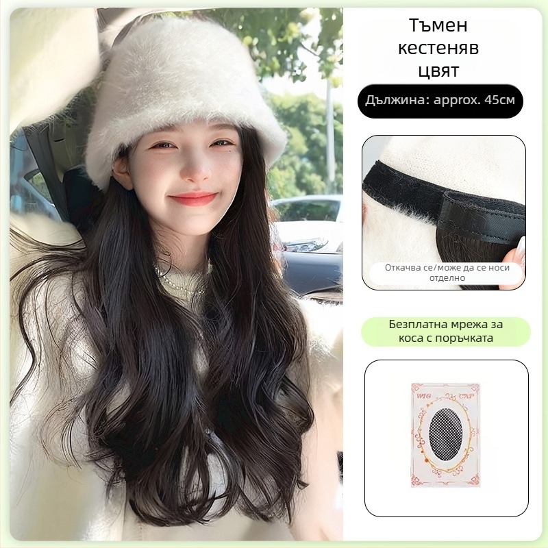 Перука с шапка за глава за жени, дълга къдрава коса, естествен вид, дълга дължина, високотемпературна нишка, пълно покритие на главата