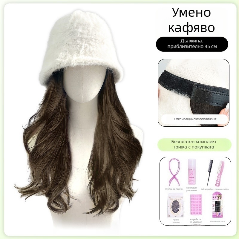 Перука с шапка за глава за жени, дълга къдрава коса, естествен вид, дълга дължина, високотемпературна нишка, пълно покритие на главата