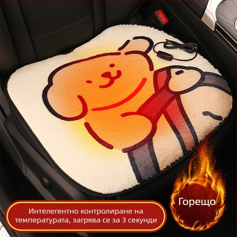 USB подгряваща седалка за автомобил – зимно пухено карикатурно покритие, пълнеж спондж, повърхност полиестер, подходяща за автомобил или офис стол