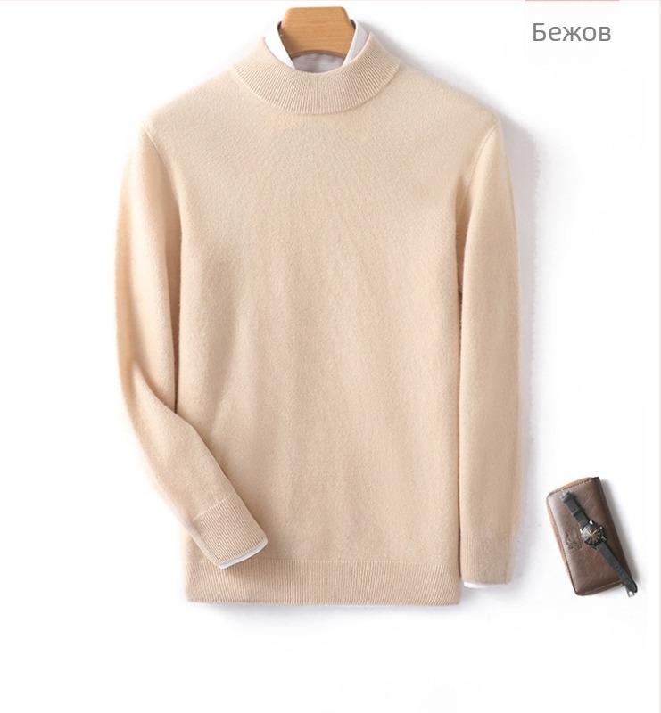 Мъжки пуловер от 100% вълна, полувисока яка, дълги ръкави, слим фит, зима