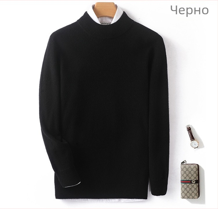 Мъжки пуловер от 100% вълна, полувисока яка, дълги ръкави, слим фит, зима
