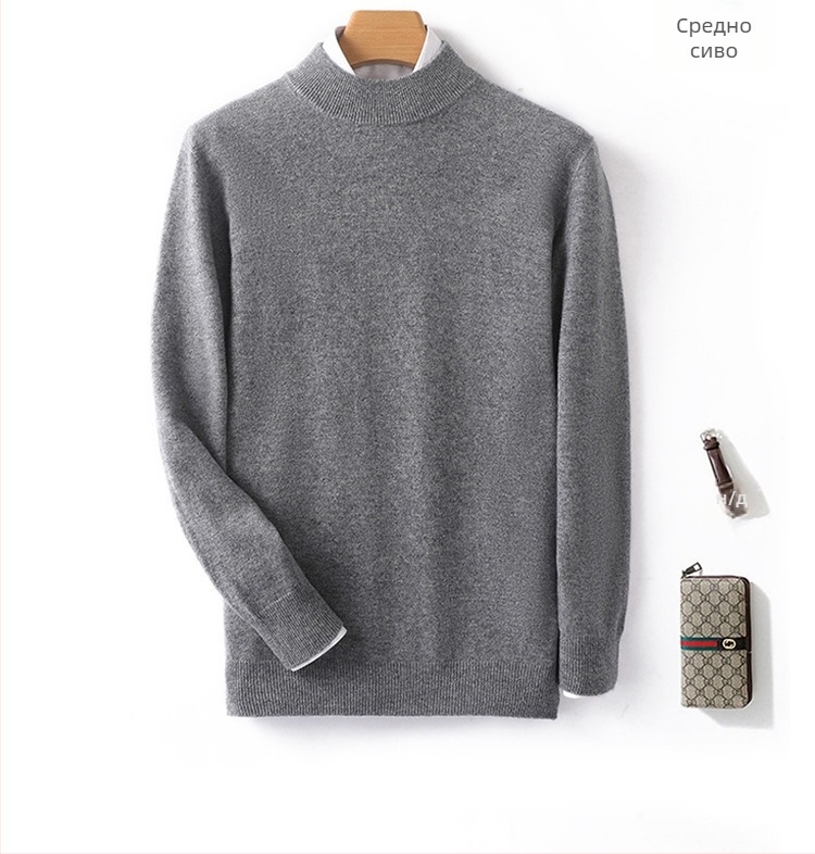 Мъжки пуловер от 100% вълна, полувисока яка, дълги ръкави, слим фит, зима
