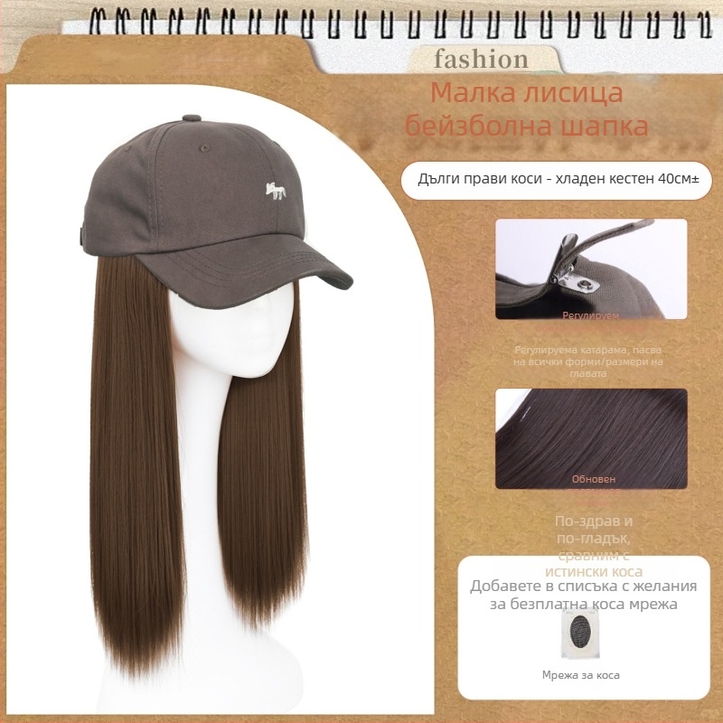 Женска интегрирана шапка-перука с дълга права коса — шапка-перука, дълга права коса, челка: права, коса от високотемпературна синтетика, не може да се боядисва