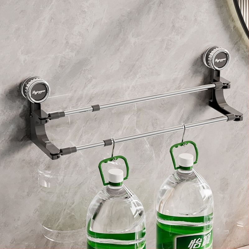 Jiuyue Въртящ се държач за кърпи с вакуумна чашка, двойна пръчка, телескопичен дизайн, без пробиване, двойно слой окачване