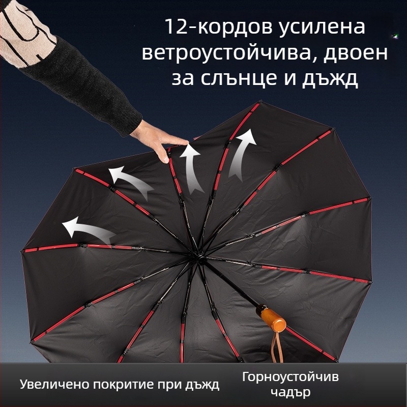 Сгъваем чадър с дървена дръжка, 24 ребра, автоматично отваряне и затваряне, възможност за печат на лого, UV защита UPF50+