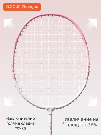 Комплект бадминтон ракетки с рамка от желязо-сплав, нейлонови струни, тегло 95–100 g, дебелина на дръжката G5, тип ракети: праволинейна