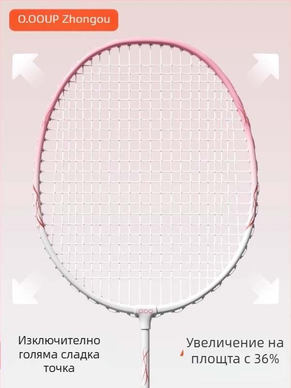 Комплект бадминтон ракетки с рамка от желязо-сплав, нейлонови струни, тегло 95–100 g, дебелина на дръжката G5, тип ракети: праволинейна