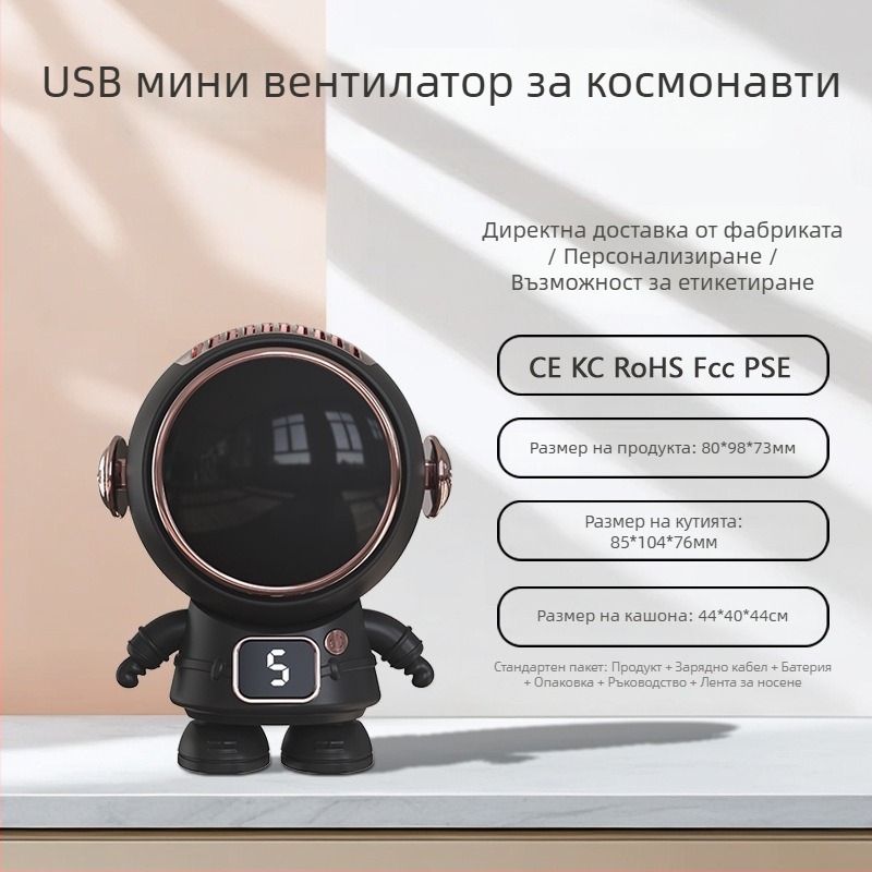 Вентилатор за врата – мини, с персонализирано лого и карикатурен дизайн; USB зареждане; 5V, 4.5W; 5 скорости; вградена батерия 800–1000 mAh
