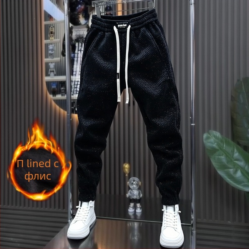 Мъжки спортни панталони с поларена подплата, прав разрез, зима 2025, средна талия, смес полиестер-памук (95% полиестер), ежедневни спортни панталони