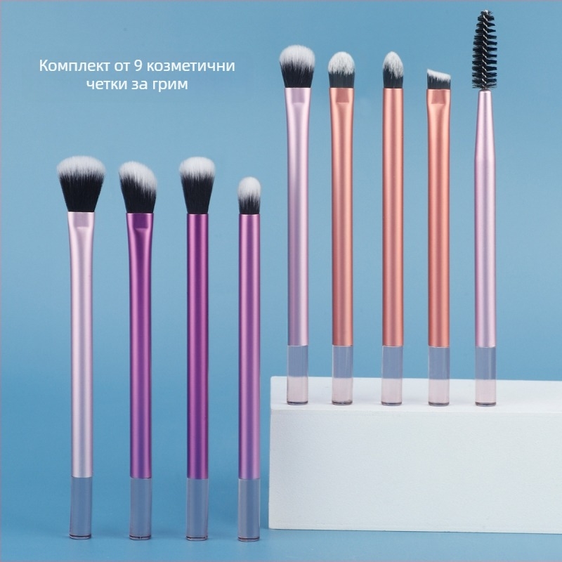 Комплект грим четки, 9 бр., алуминиеви дръжки, синтетични влакна, дължина на косъма 3 cm, обща дължина 13 cm