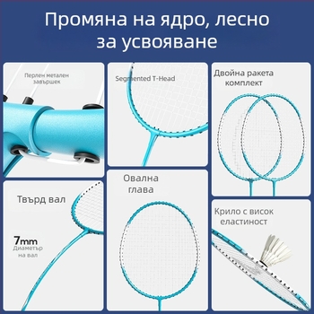 Hanchang комплект от сплавни ракети за бадминтон за начинаещи – найлонови струни; Включва 2 ракети, 3 топки и 1 чанта; Тегло 95–100 г; Дебелина на захвата G1.