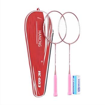 Hanchang комплект от сплавни ракети за бадминтон за начинаещи – найлонови струни; Включва 2 ракети, 3 топки и 1 чанта; Тегло 95–100 г; Дебелина на захвата G1.