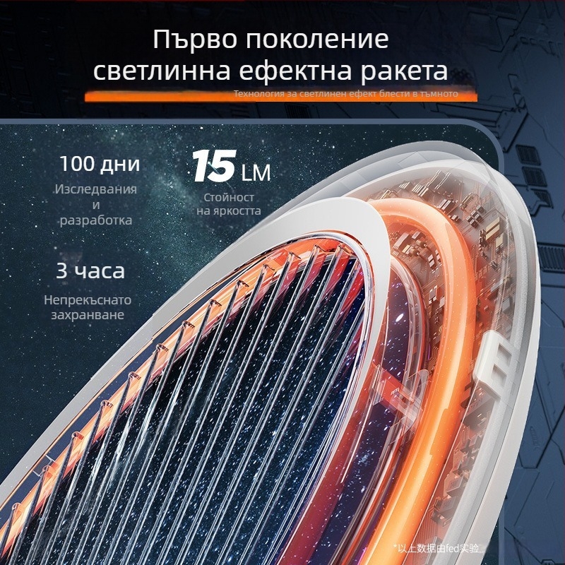 Feltun светеща тенис ракета – алуминиева рамка, тегло 95–100 g, ръкохватка G3, тип ракета: права глава