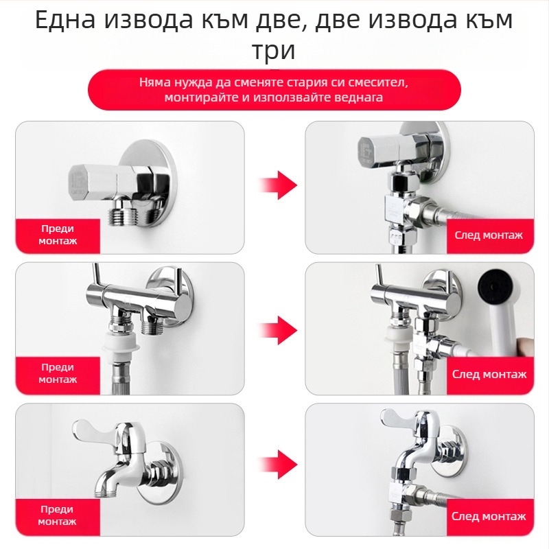 Медна тройна връзка FH1, въртящ се монтаж, 1 вход и 2 изхода, за кранове и адаптери