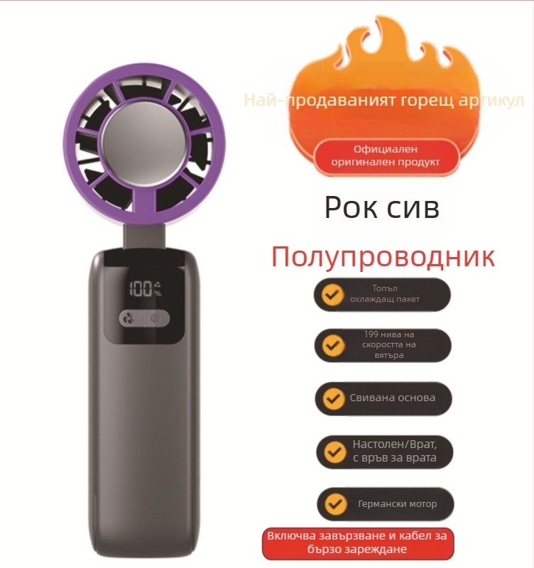 Ръчен сгъваем охлаждащ вентилатор, 3.7V 5W, литиева батерия 1200–2000 mAh, безчетков мотор, плавно регулиране на скоростта, шум под 36 dB, тегло 250 g, размери 185×65×65 мм