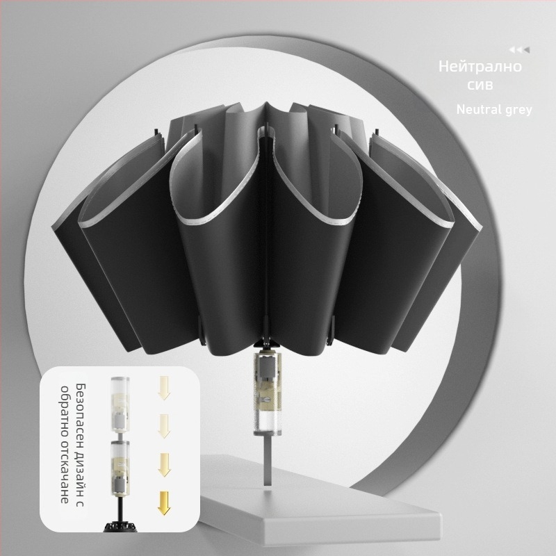 Чадър с три секции, външно обръщане, автоматично отваряне и затваряне, 10 спици, UPF над 50, плат 190T