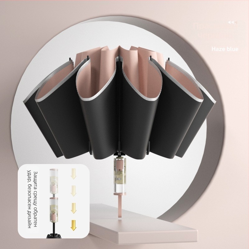 Чадър с три секции, външно обръщане, автоматично отваряне и затваряне, 10 спици, UPF над 50, плат 190T