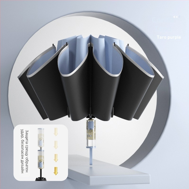 Чадър с три секции, външно обръщане, автоматично отваряне и затваряне, 10 спици, UPF над 50, плат 190T