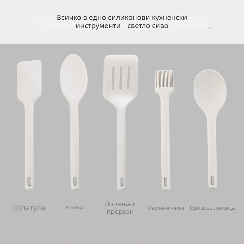 Комплект силиконови кухненски прибори: лъжица и лопатка от силикон – незалепващи, висока температурна устойчivост, против приплъзване и против изгаряния; дръжка със силиконово тяло и найлоново ядро