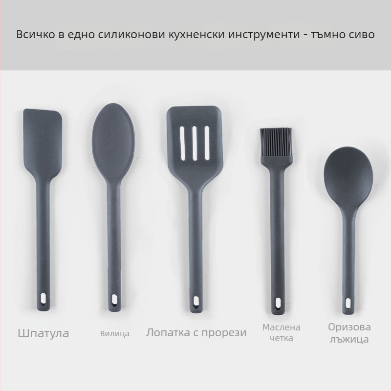 Комплект силиконови кухненски прибори: лъжица и лопатка от силикон – незалепващи, висока температурна устойчivост, против приплъзване и против изгаряния; дръжка със силиконово тяло и найлоново ядро
