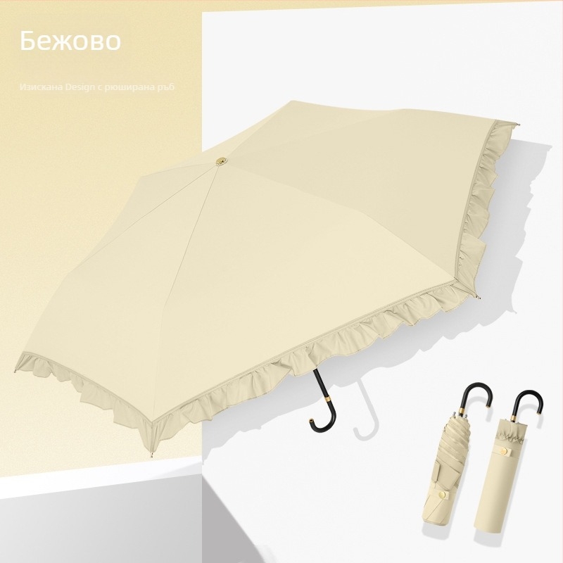 Сгъваем слънчев чадър с винилово покритие върху полиестерова 210T тъкан, алуминиеви ребра и пръчка, алуминиева дръжка, 6 ребра, ръчно отваряне и затваряне, UPF > 50, тегло 175 g, портативен