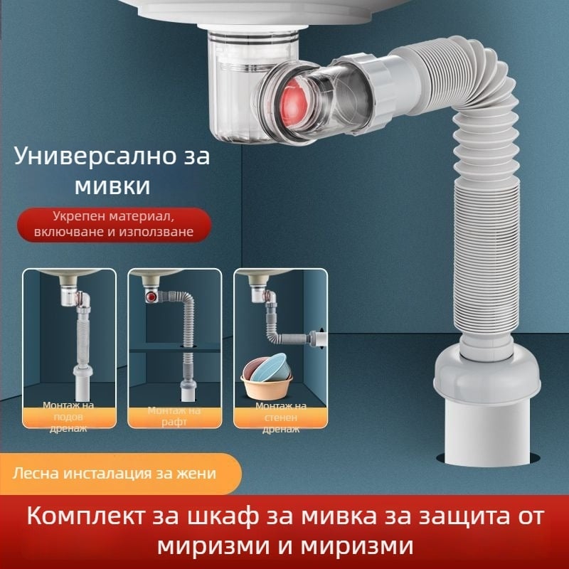 ABS дренаж за мивка под мивката, П-образен, капак въртящ се, стил лукс, модел 001, универсален
