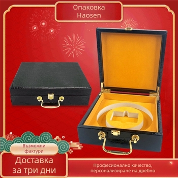 Дървена кутия с PU кожа в шарка, разгъващ се капак, EVA вложка и мек фланел, персонализирани размери (дължина, ширина, височина), дебелина 1 см