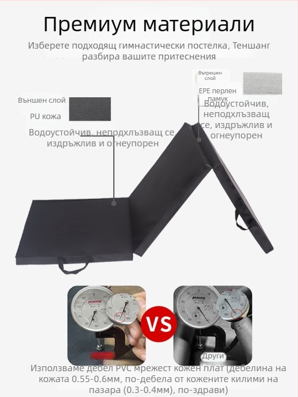Разгъваема гимнастическа подложка за упражнения — удебелена пяна, платнена обложка; подходяща за коремни преси, калистеника и танци (домашни тренировки), 1 бр.