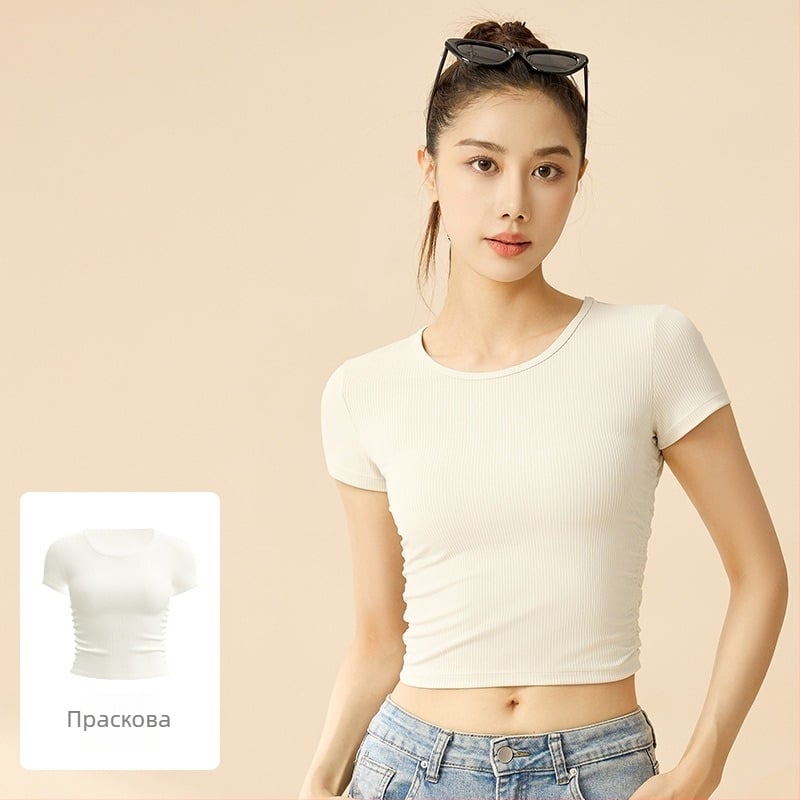 Женска спортна тениска с къс ръкав, райета — отвежда влагата, полиестер + спандекс смес (82,5% полиестер, 17,5% спандекс), пролет 2025