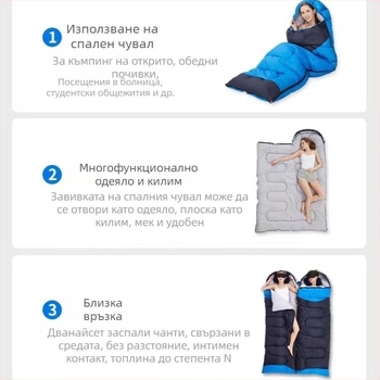 Спален чувал тип конверт, конструкция конверт, пълнеж кухи влакна, подплата полиестерно‑памучна, тъкан Чуня спининг, тегло 0.7–2.4 кг