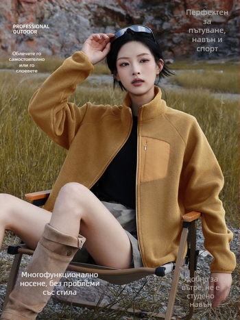 Флисов кардиган с яка с висока стойка, дамски зимно-есенен външен връх, без качулка, подплатен с флис